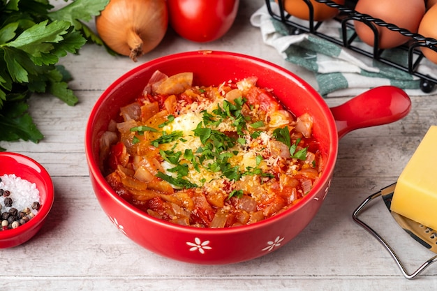 Foto shakshuka in una padella rossa su un tavolo di legno.