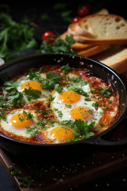 Фото Шакшука, соленые яйца в средиземноморском стиле в томатном соусе с специями и травами