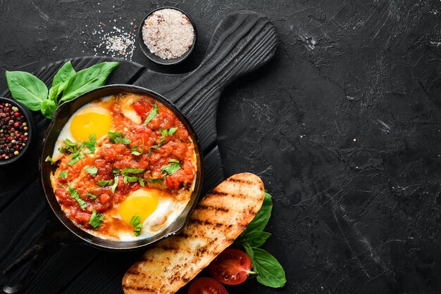 Фото Шакшука яичница с помидорами и овощами завтрак в тарелке вид сверху плоская композиция свободное пространство для копирования