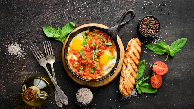 Shakshuka 토마토와 야채를 곁들인 스크램블 에그. 아침. 접시에. 평면도. 평면 배치 컴포지션 무료 복사 공간입니다.