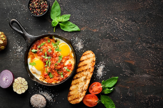 Shakshuka 토마토와 야채를 곁들인 스크램블 에그 접시 위의 아침 식사 평면도 구성 무료 복사 공간