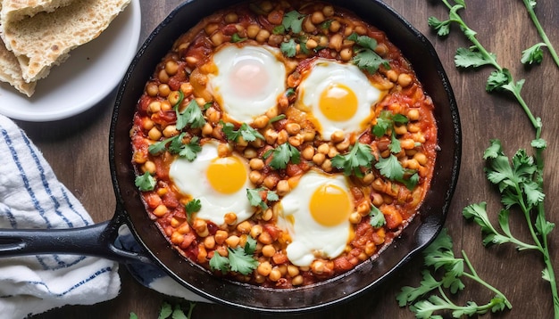 Photo shakshuka with chickpeas in a cast iron skillet