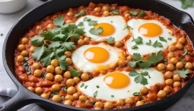 Photo shakshuka with chickpeas in a cast iron skillet