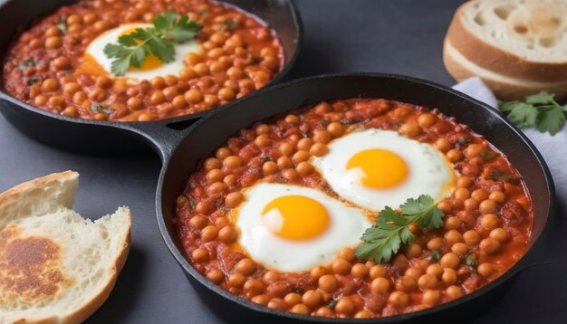 Shakshuka with chickpeas in a cast iron skillet