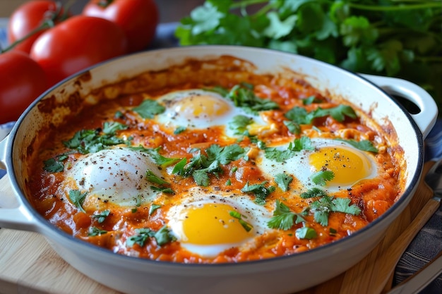 Shakshuka with eggs tomatoes and parsley in a pan