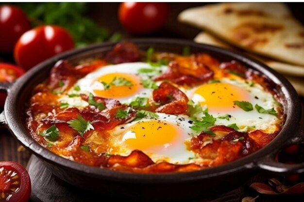 튀긴 계란 토마토와 파슬리를 곁들인 Shakshuka