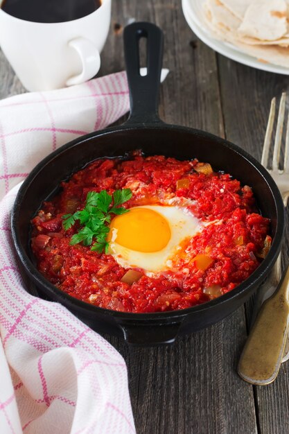 오래된 나무 표면에 주철 냄비에 토마토 소스와 튀긴 계란을 넣은 Shakshuka. 소박한 스타일, 선택적 초점.