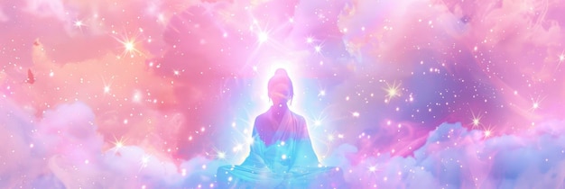 Shakyamuni in the sky surrounded colorful pastel clouds and stars