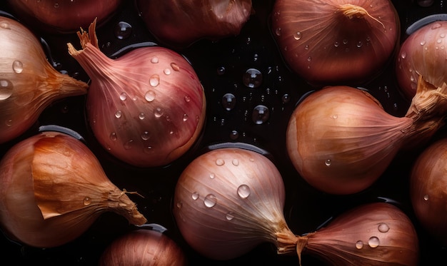 Photo shallots with water drops on a dark background generative ai
