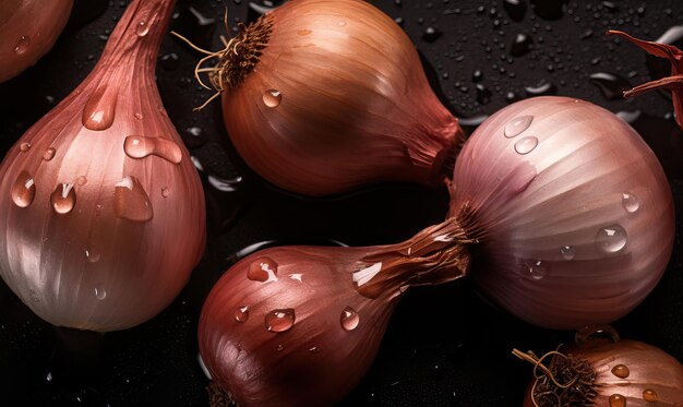 Photo shallots with water drops on a dark background generative ai