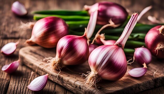 Photo shallots on wooden background