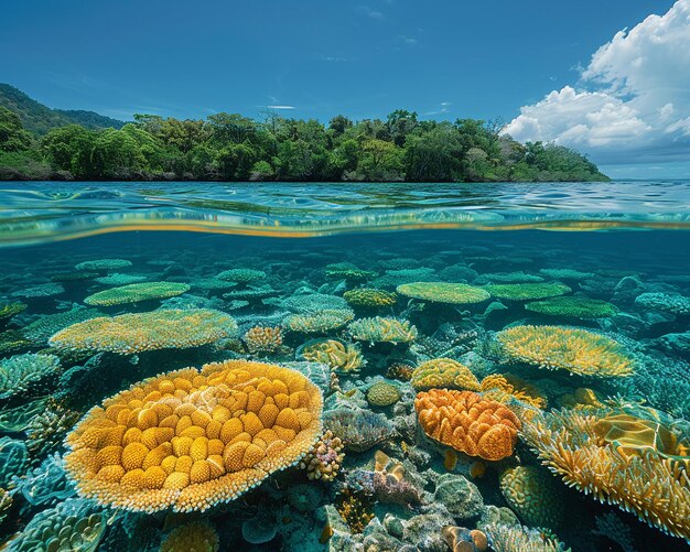 Photo shallow coral reef with clear water above