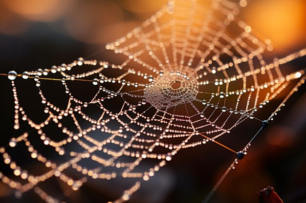 Shallow depth of field captures dew kissed spider web beauty