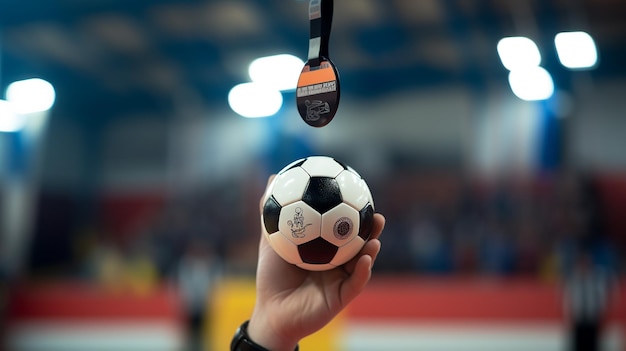 shallow depth of field with handball referee hand holding ball