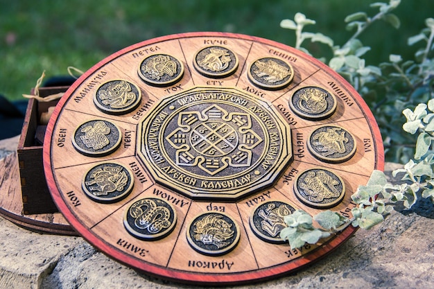 Shallow focus closeup shot of an astrological calendar