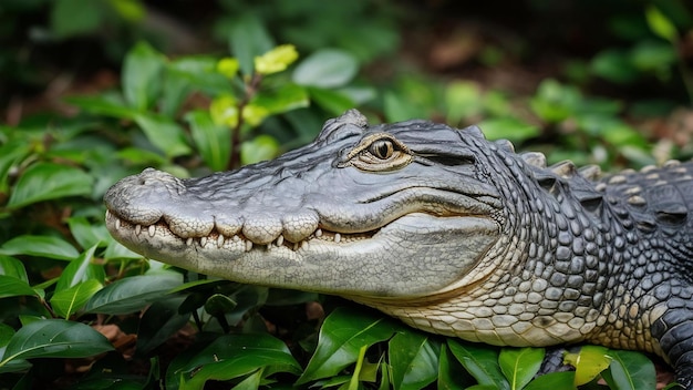 Shallow focus of a head of an alligator on green leaves in the forest