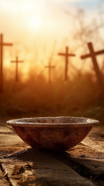 背景に十字架がある陶器の鉢の浅い焦点写真
