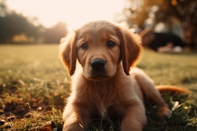 草地に座っている可愛いゴールデンレトリバーの子犬の浅い焦点ショット
