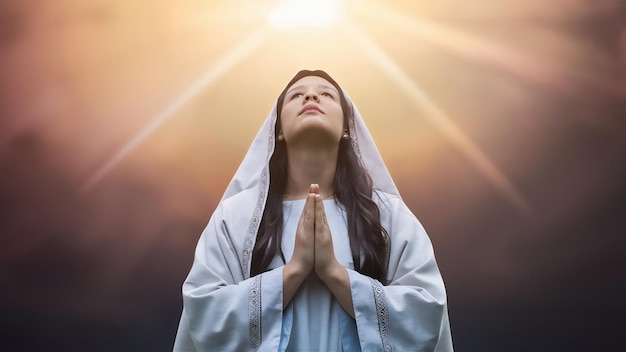 Shallow focus shot of female wearing a biblical robe praying with her head up towards the sky