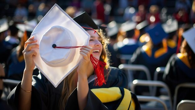 Photo shallow focus shot of a graduate holding its hat