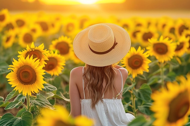 Shallow focus shot van een mooie Europese vrouw in een zonnebloemveld bij zonsopgang