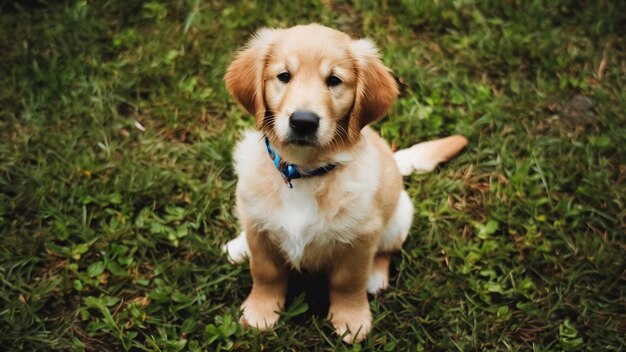 Shallow focus verticale opname van een schattige golden retriever puppy die op een grasgrond zit