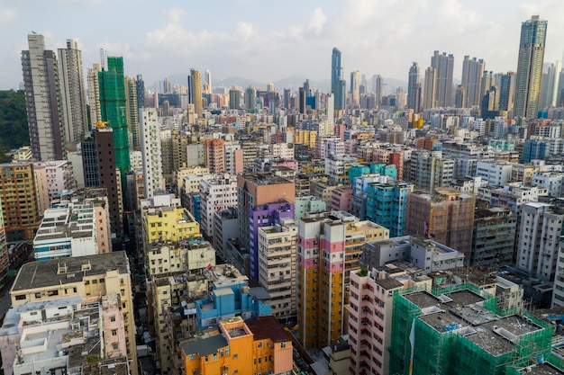 Sham Shui Po, Hong Kong 09 October 2019: Top view of Hong Kong city