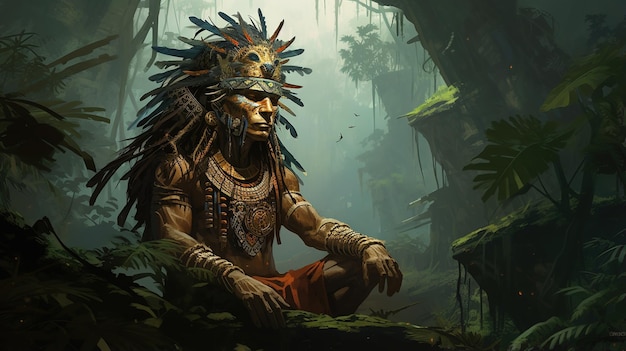 Foto uno sciamano con una maschera nella giungla esegue un rituale