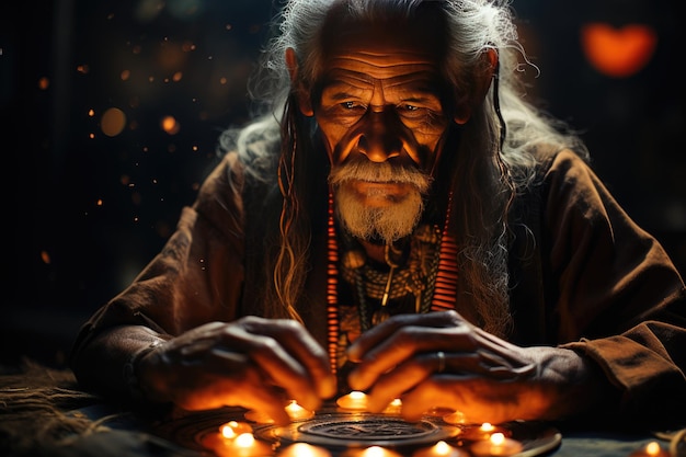 Shaman performs energy diagnosis in an individual among ritual symbols generative IA