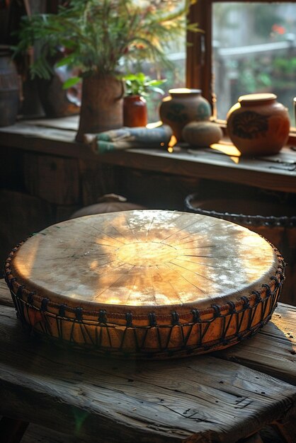 Photo shamanic drum ready for spiritual journeying the instrument blurs into the shadows