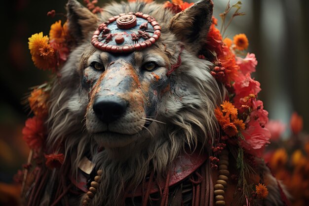 Shamanic Meeting Wolf Condor and Flowers in Harmony generative IA