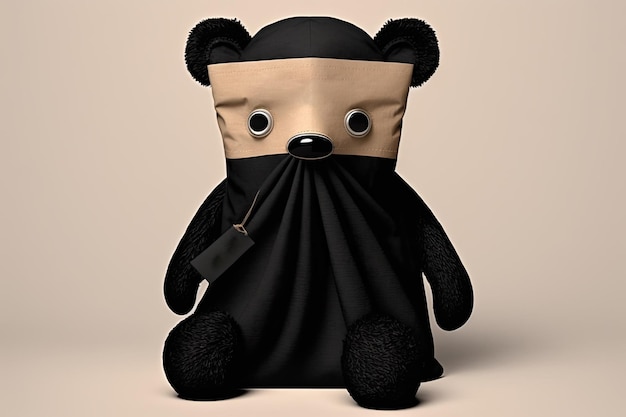 Shame on me graphic featuring a black bear doll wearing a paper bag as a mask