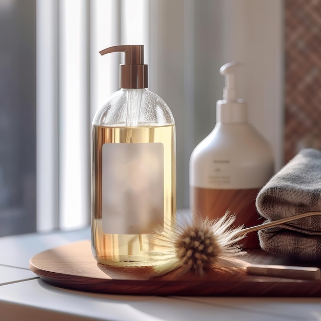 Shampoo bottle styled mockup liquid soap pump bottle in home bathroom interior body wash and care co
