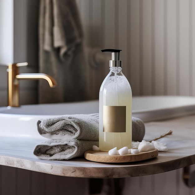 Фото Бутылка шампуня в стиле макета бутылки с жидким мылом в домашней ванной интерьер мытье тела и уход за ним
