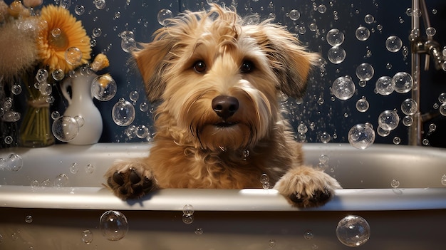 Shampoo dog in bathtub