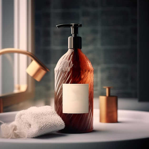 Shampoo fles gestyled mockup vloeibare zeep pompfles in huis badkamer interieur body wash and care co