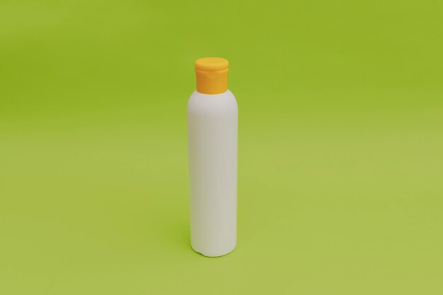 Shampoo voor haar in een witte verpakking met een gele dop op een groene achtergrond