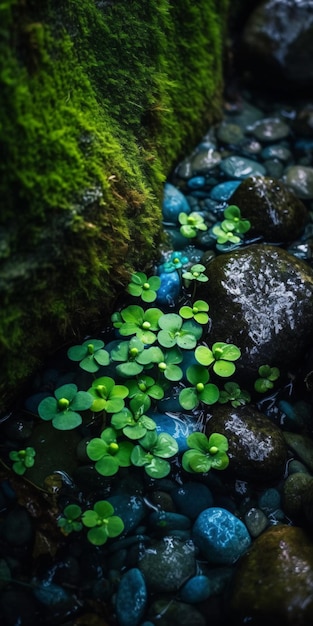 토끼풀 맑고 푸른 계류 녹색 무스 다채로운 자갈 태양 광선 물