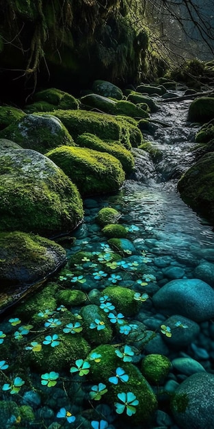 Shamrock clear blue mountain stream green moos colorful pebbles sunrays water