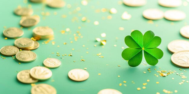 Photo shamrock and golden coins on tender blue background with confetti and bokeh effect