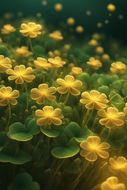 Shamrock green and yellow flowers on magical light in night time ai generated