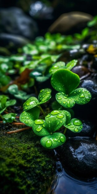 Shamrock helderblauw bergstroom groen moos kleurrijke kiezels zonnestralen water