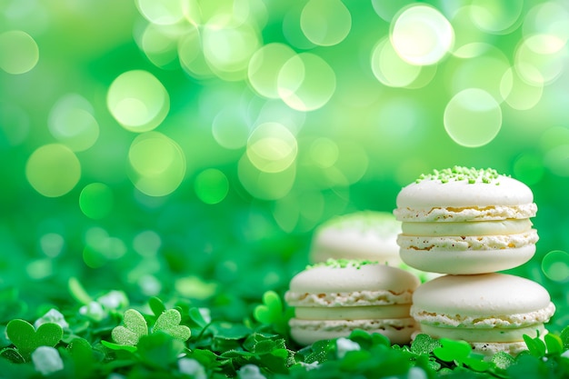 Shamrock leaves macaroons with a St Patricks Day theme showcased against a green bokeh background