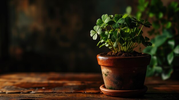 Shamrock plant in a classic terracotta pot on a wooden table