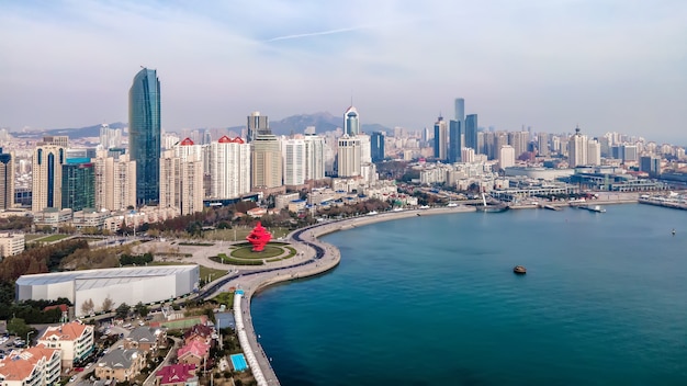 Shandong Qingdao city coastline aerial photography