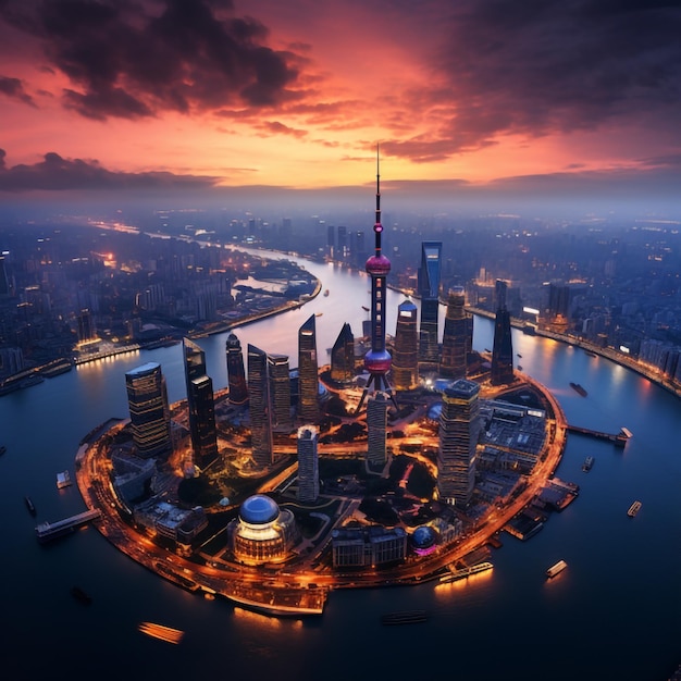 Shangai High Rises Aerial Shot at Sunset