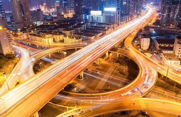 Shanghai city interchange closeup at busy night