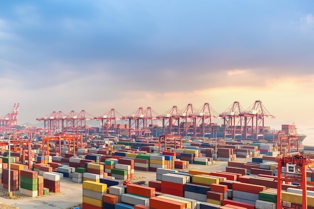 Terminal per container di shanghai al tramonto uno dei più grandi porti mercantili del mondo