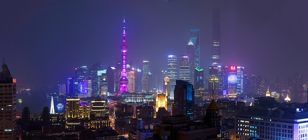 Shanghai financial district skyscrapers at night