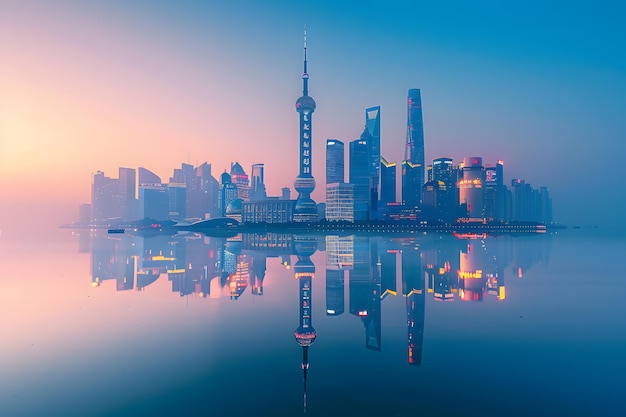 Shanghai skyline in foggy day China 3D rendering